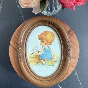 Homco Boy with Bunny Oval Wall Hanging Frame 8.5" Plastic